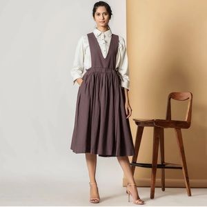 Brown Cotton Flax Pinafore Midi Wrap Dress jumper